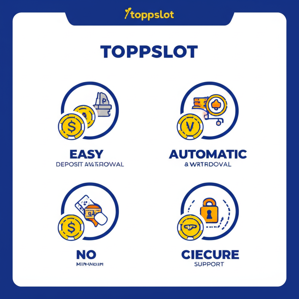 อินโฟกราฟิกแสดงข้อดีของการเล่นสล็อตทุนน้อยบน topppslot เช่น ฝากถอนออโต้ ไม่มีขั้นต่ำ และบริการลูกค้า 24 ชั่วโมง
