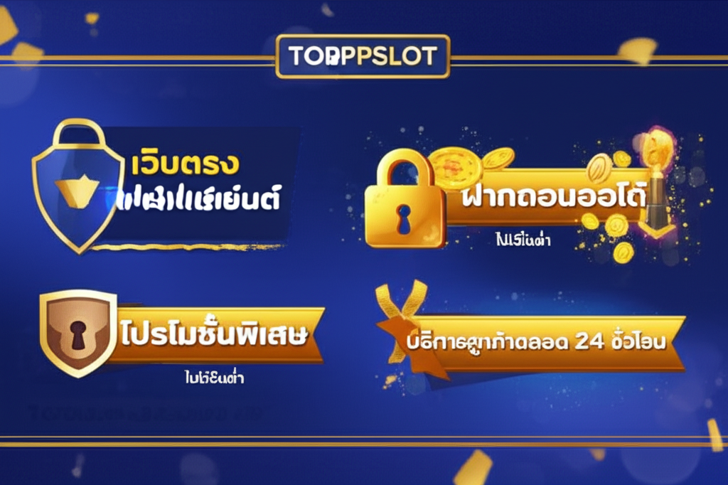 อินโฟกราฟิกแสดงข้อดีของการเล่นสล็อตกับ topppslot เช่น เว็บตรง ฝากถอนออโต้ โปรโมชั่นพิเศษ และบริการลูกค้า 24 ชั่วโมง