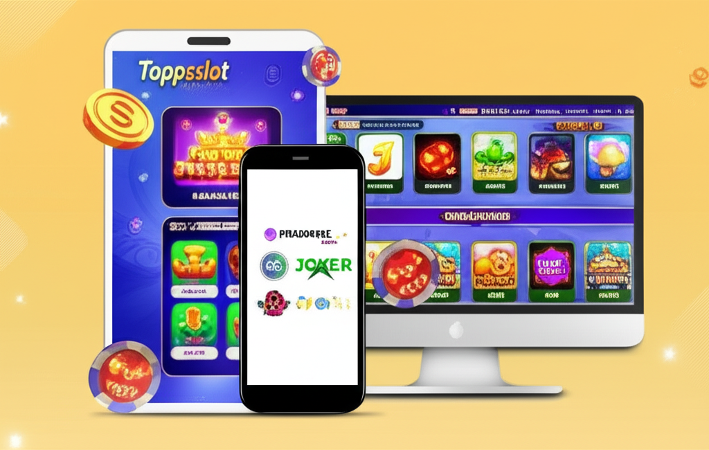 อินโฟกราฟิกแสดงขั้นตอนการใช้งานระบบทดลองเล่นสล็อตฟรีของ topppslot บนมือถือและคอมพิวเตอร์ พร้อมไอคอนค่ายเกมสล็อตยอดนิยม