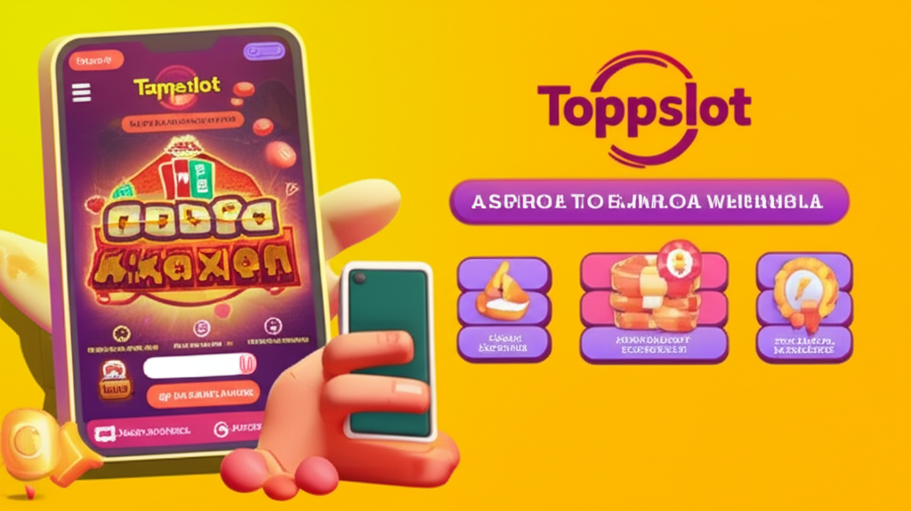 ภาพผู้เล่นเล่นสล็อตบนมือถือกับ topppslot พร้อมสัญลักษณ์ระบบฝากถอนอัตโนมัติ โปรโมชั่น และบริการลูกค้า 24 ชั่วโมง