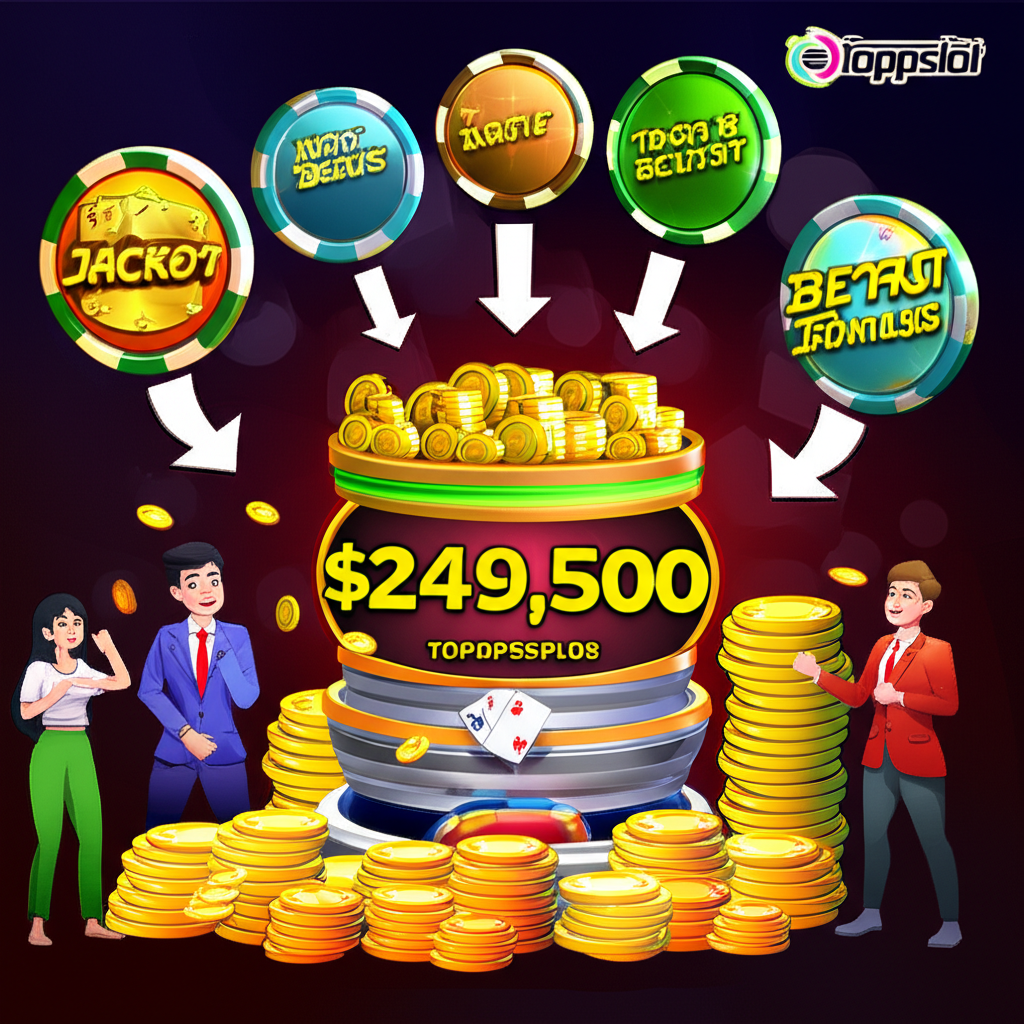 อินโฟกราฟิกแสดงกลไกการสะสมแจ็คพอตโปรเกรสซีฟจากการเดิมพันของผู้เล่นหลายคน พร้อมโลโก้ topppslot
