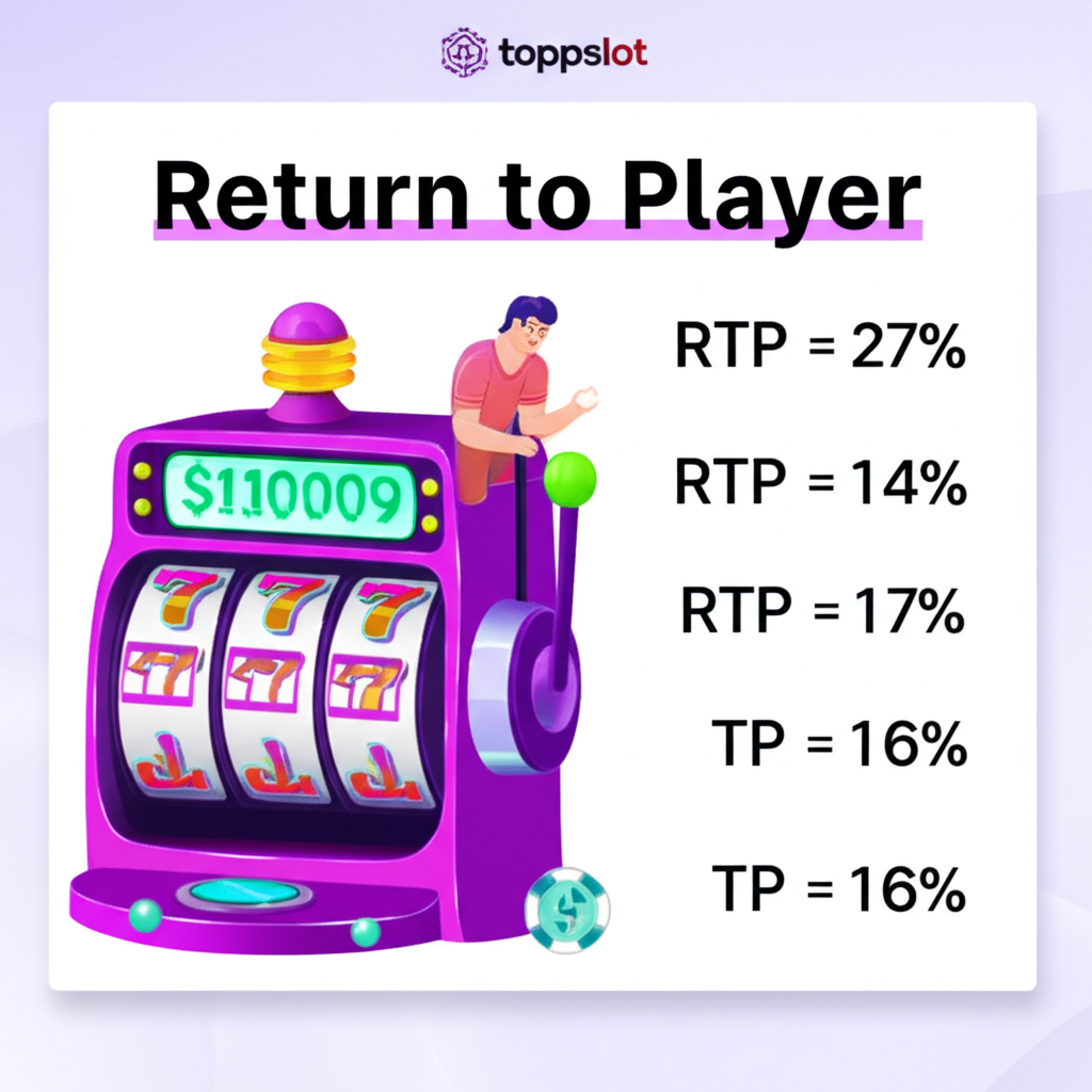 อินโฟกราฟิกอธิบาย RTP สล็อต พร้อมตัวอย่างการคำนวณและความหมายสำหรับนักลงทุนสล็อต topppslot