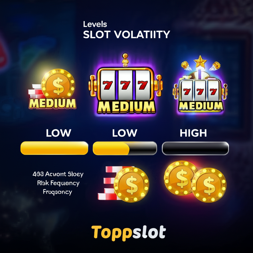 อินโฟกราฟิกแสดงความผันผวนสล็อตระดับต่ำ กลาง สูง พร้อมตัวอย่างและผลกระทบต่อรางวัลในสล็อต topppslot