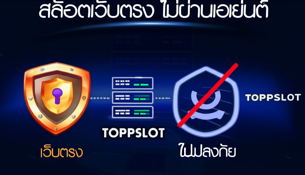 อินโฟกราฟิกแสดงความแตกต่างระหว่างสล็อตเว็บตรง topppslot กับเว็บเอเย่นต์ เน้นความปลอดภัยและความน่าเชื่อถือ
