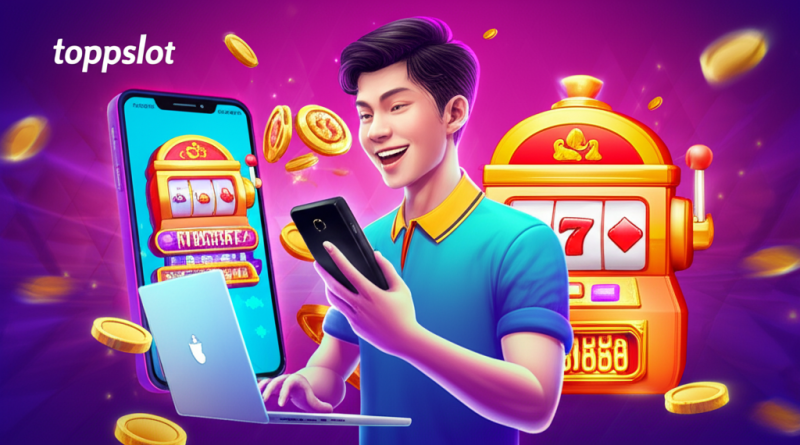 ภาพประกอบผู้เล่นชาวไทยเล่นเกมสล็อตออนไลน์บนมือถือและคอมพิวเตอร์ พร้อมสัญลักษณ์สล็อตและเหรียญทอง แสดงโปรสล็อตทุนน้อยสำหรับสมาชิกใหม่และสมาชิกปัจจุบันจาก topppslot ปี 2025