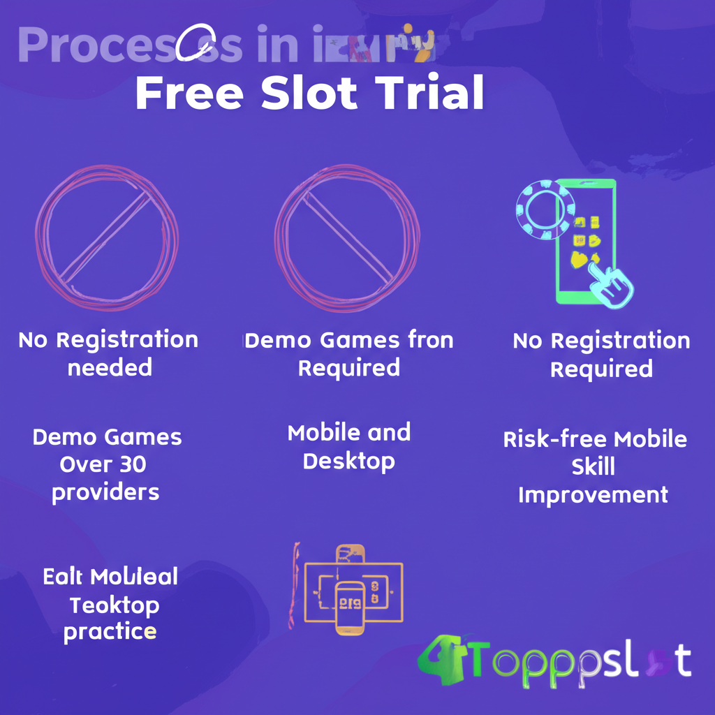 อินโฟกราฟิกแสดงขั้นตอนการใช้งานระบบทดลองเล่นสล็อตฟรีของ topppslot พร้อมฟีเจอร์เด่นและประโยชน์สำหรับผู้เล่นใหม่
